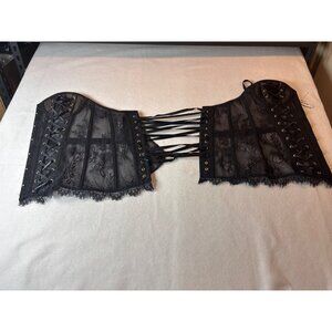 Black Lace Corset Bustier Top With Lace-Up Details & Floral Sheer Mesh Design